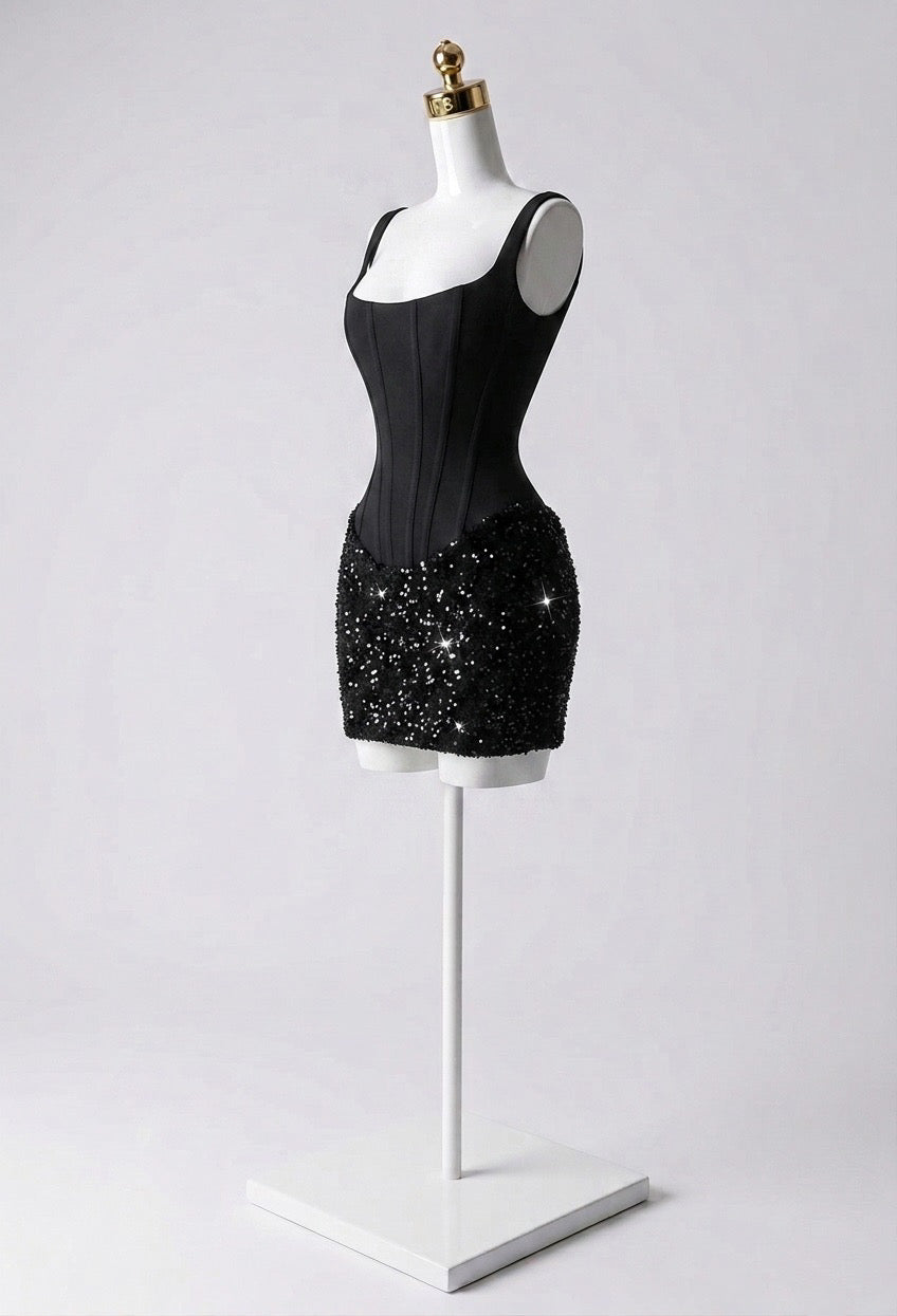 Vestido Corset Mate Lentejuelas con Falda Plisada