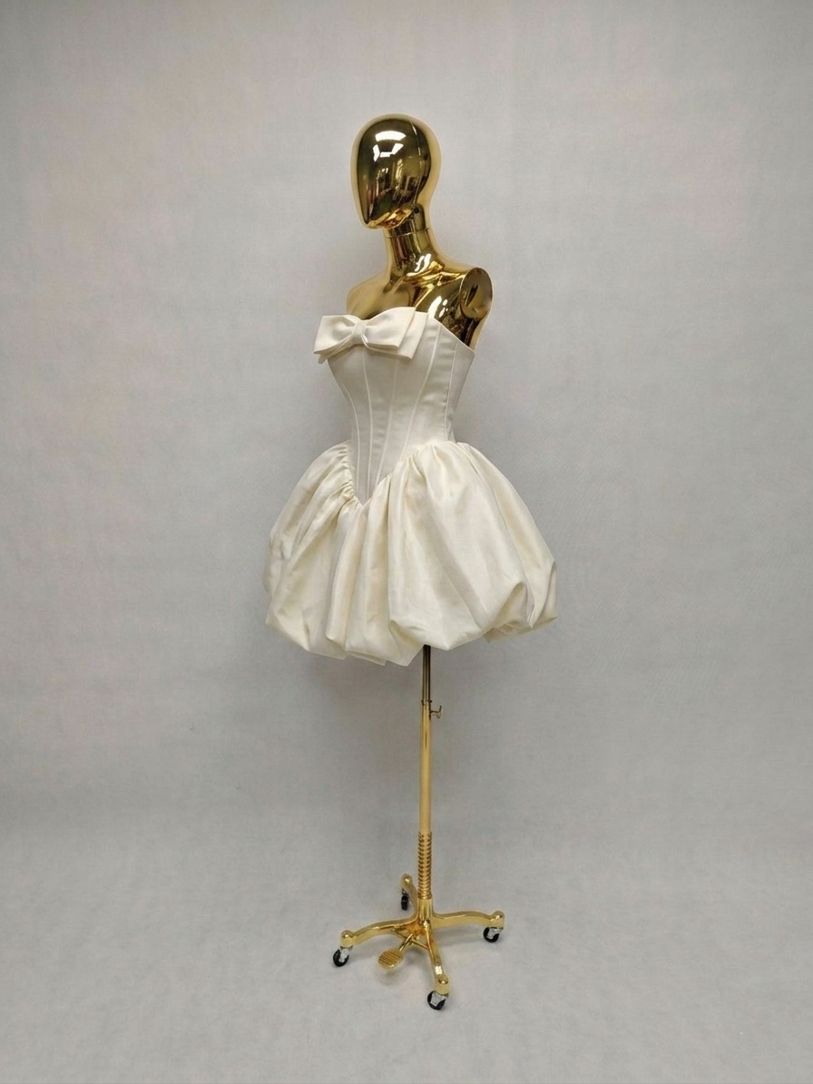 Vestido Satinado con Escote Moño Pequeño y Falda Globo