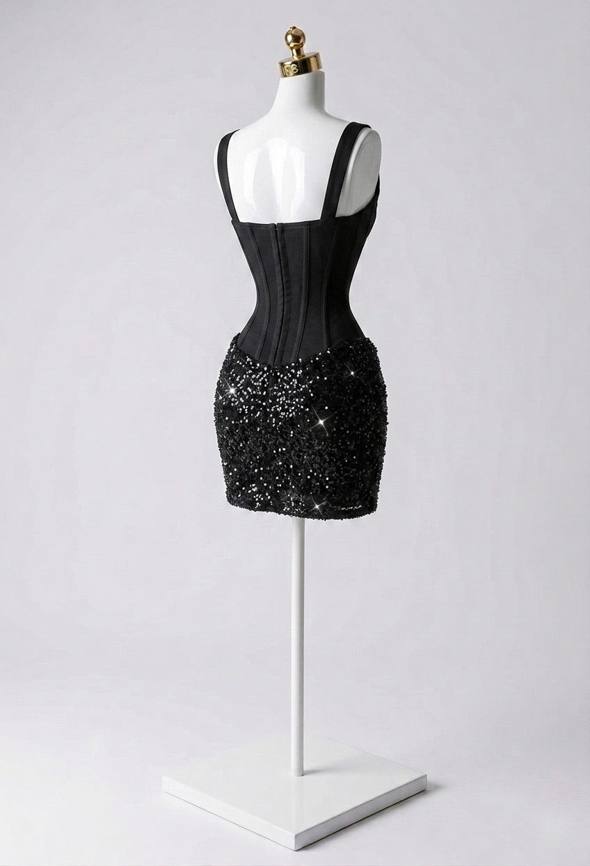 Vestido Corset Mate Lentejuelas con Falda Plisada