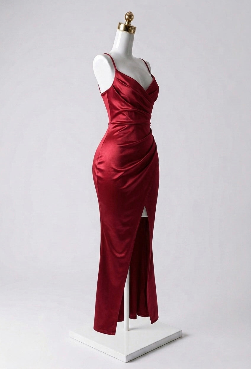 Vestido Maxi Satinado Abertura en Pierna