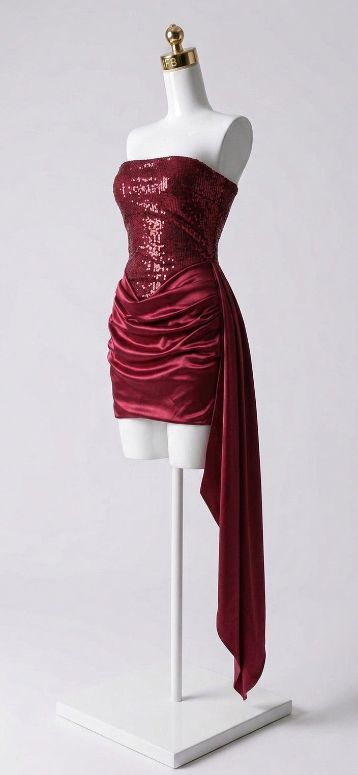 Vestido Lentejuelas con Falda Plisada Asimétrica