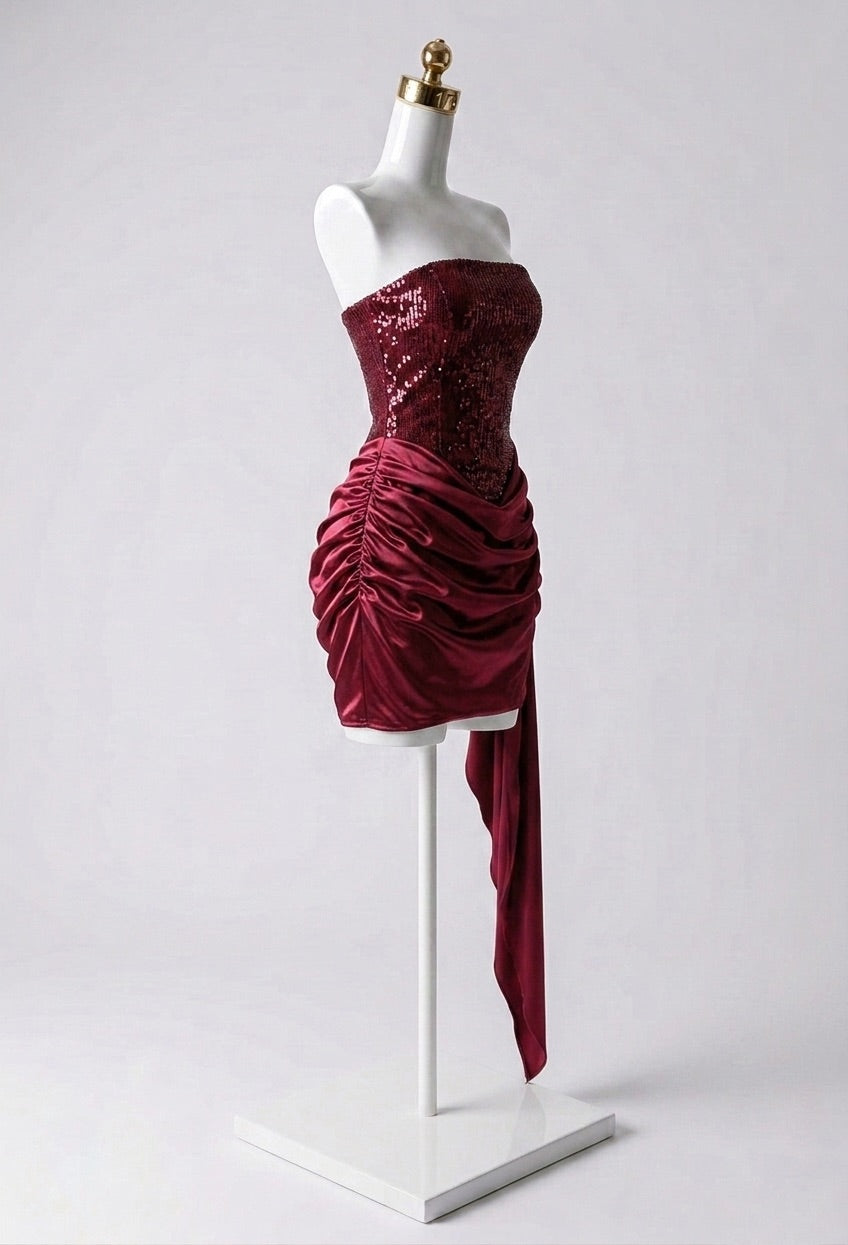 Vestido Lentejuelas con Falda Plisada Asimétrica