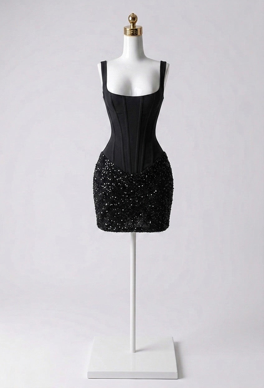Vestido Corset Mate Lentejuelas con Falda Plisada