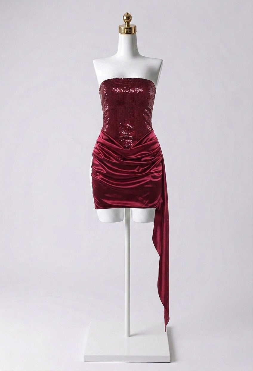 Vestido Lentejuelas con Falda Plisada Asimétrica