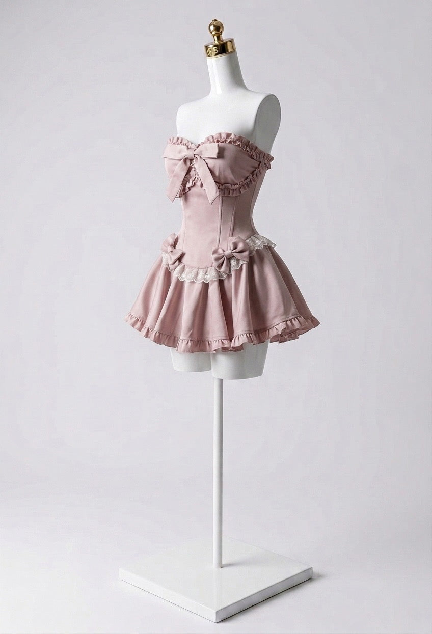Vestido Escote Corazón, Moños y Olanes