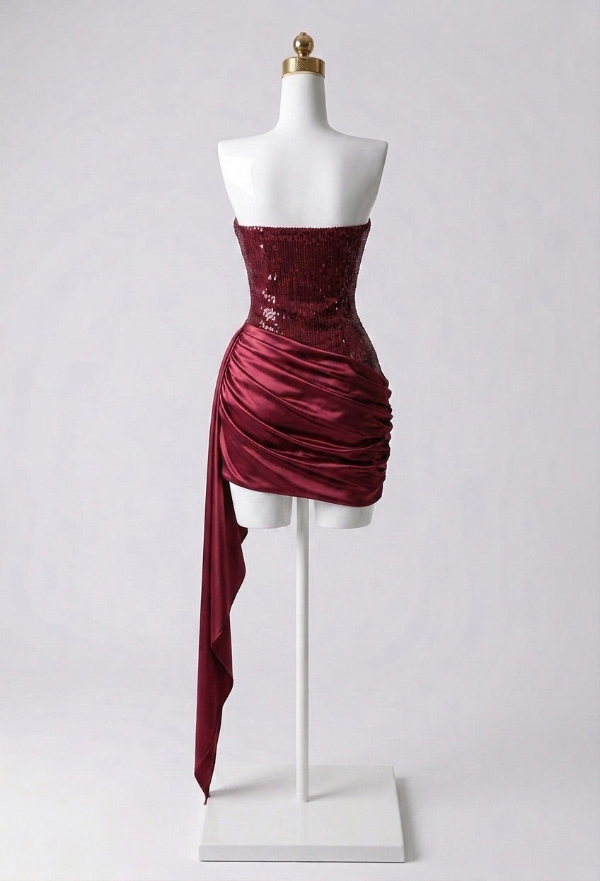Vestido Lentejuelas con Falda Plisada Asimétrica