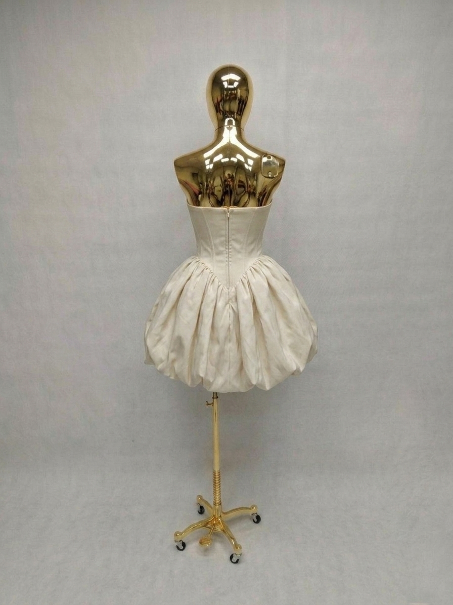 Vestido Satinado con Escote Moño Pequeño y Falda Globo