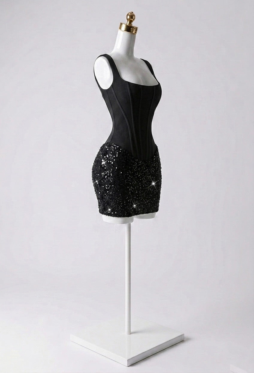 Vestido Corset Mate Lentejuelas con Falda Plisada