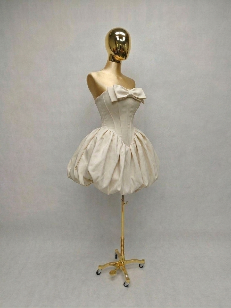 Vestido Satinado con Escote Moño Pequeño y Falda Globo